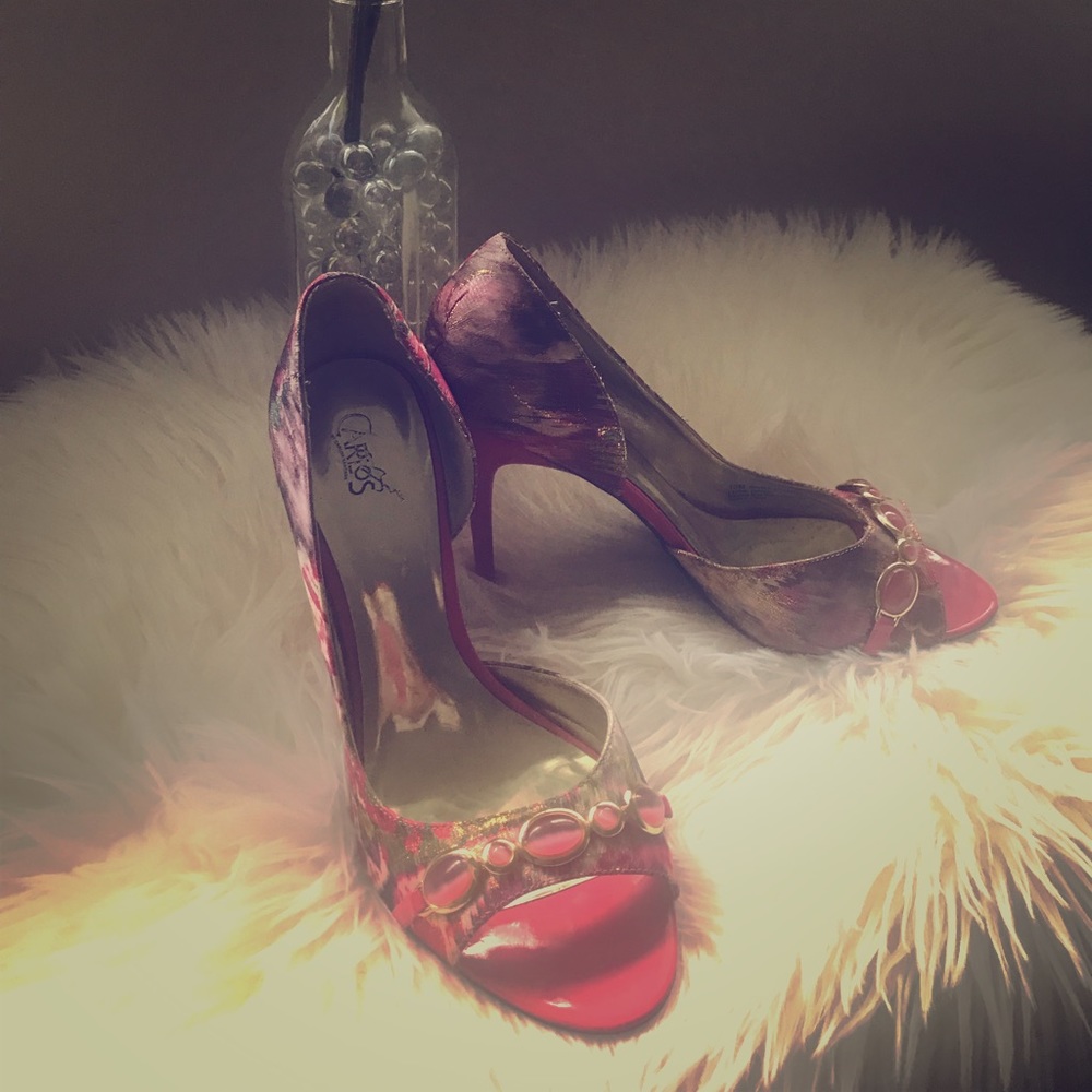 Pink jeweled open toe heels